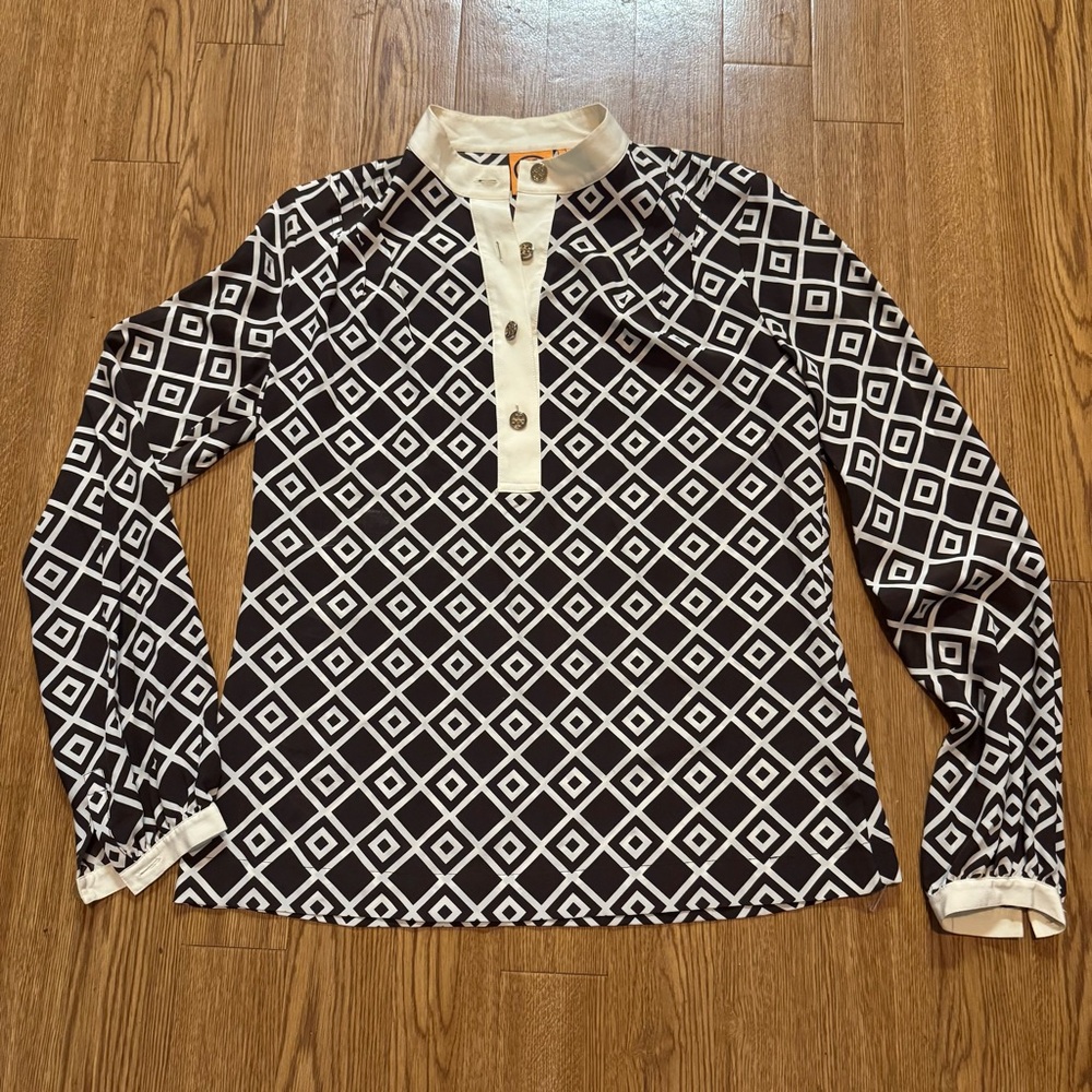 Tory Burch 100% Silk Geometric Long Sleeve Blouse